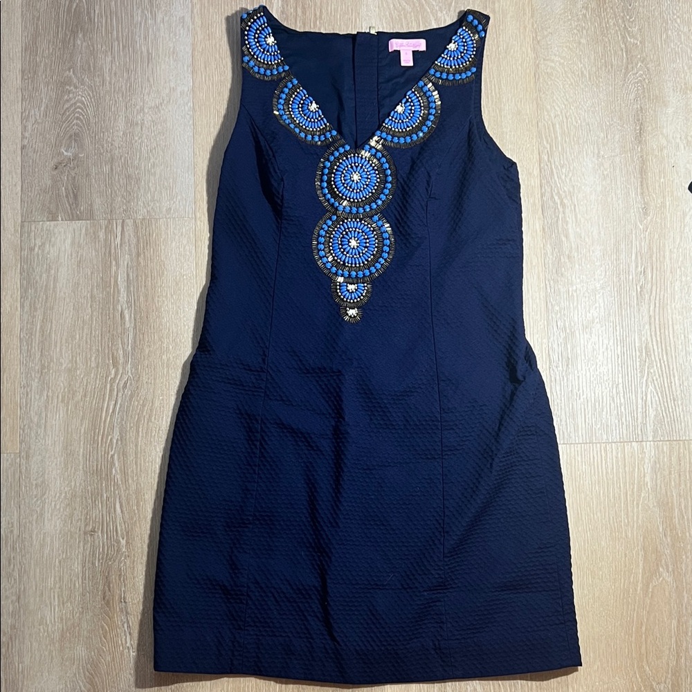Lilly Pulitzer Navy Gabby beaded Navy Sleeveless V-Neck Shift Dress